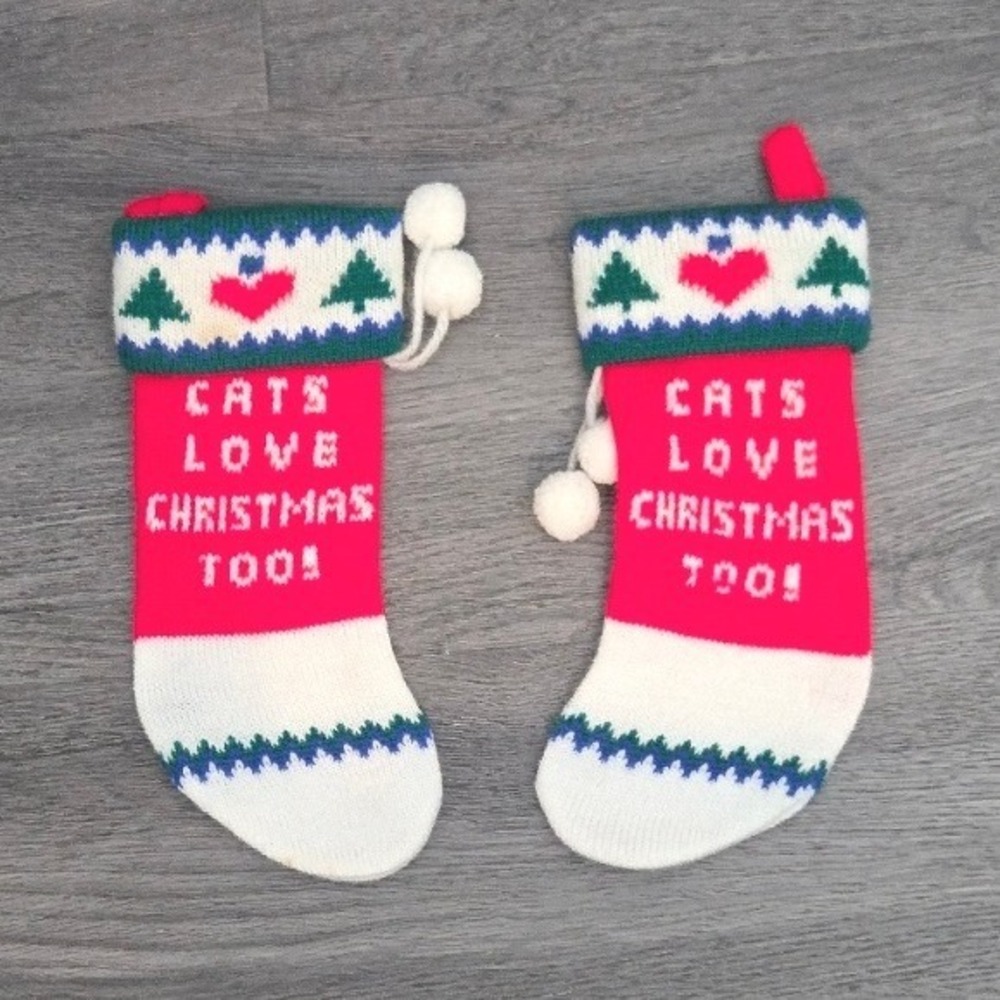 Vintage Knit Mini Christmas Stockings Cats Love Christmas Too Set of 2